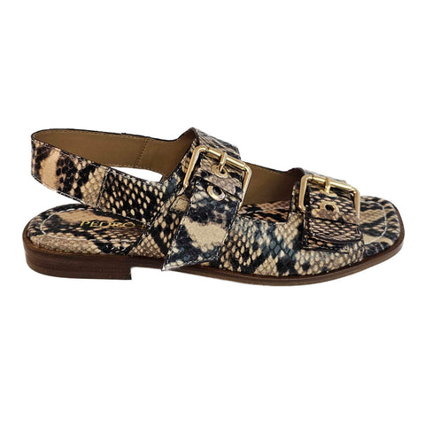 Pedro Miralles, flache Sandalette in Snakeprint Schwarz-Beige